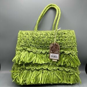 Handcrafted In India Straw Paper Purse Bag Green